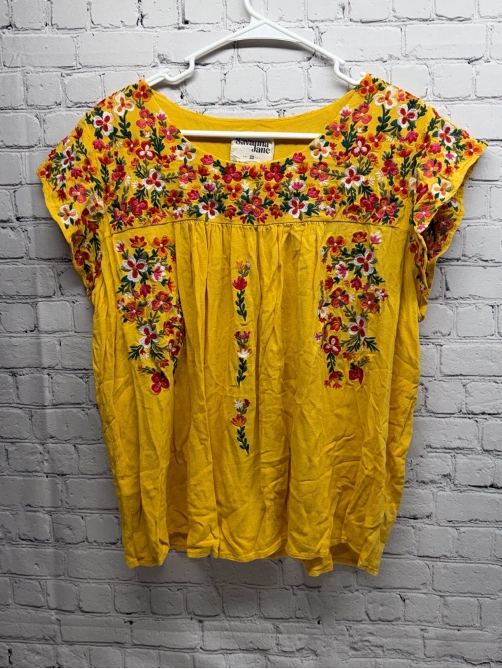 Savanna Jane Bright Yellow Floral Embroidered Blouse size 2X